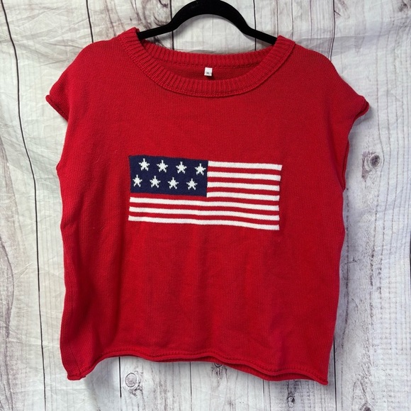 Vintage American Flag Red Knit Sleeveless Sweater Top XL - Picture 1 of 7